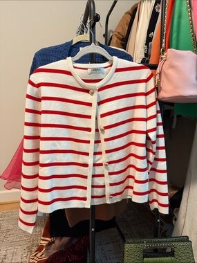 Red & White Striped Crewneck Cardigan Sweater